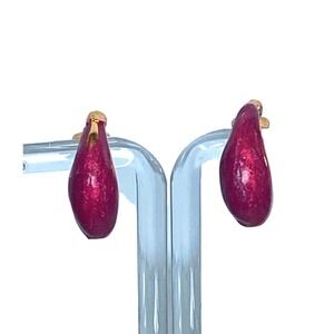 Vintage gold tone‎ enamel raspberry red pink drop unsigned earrings OS